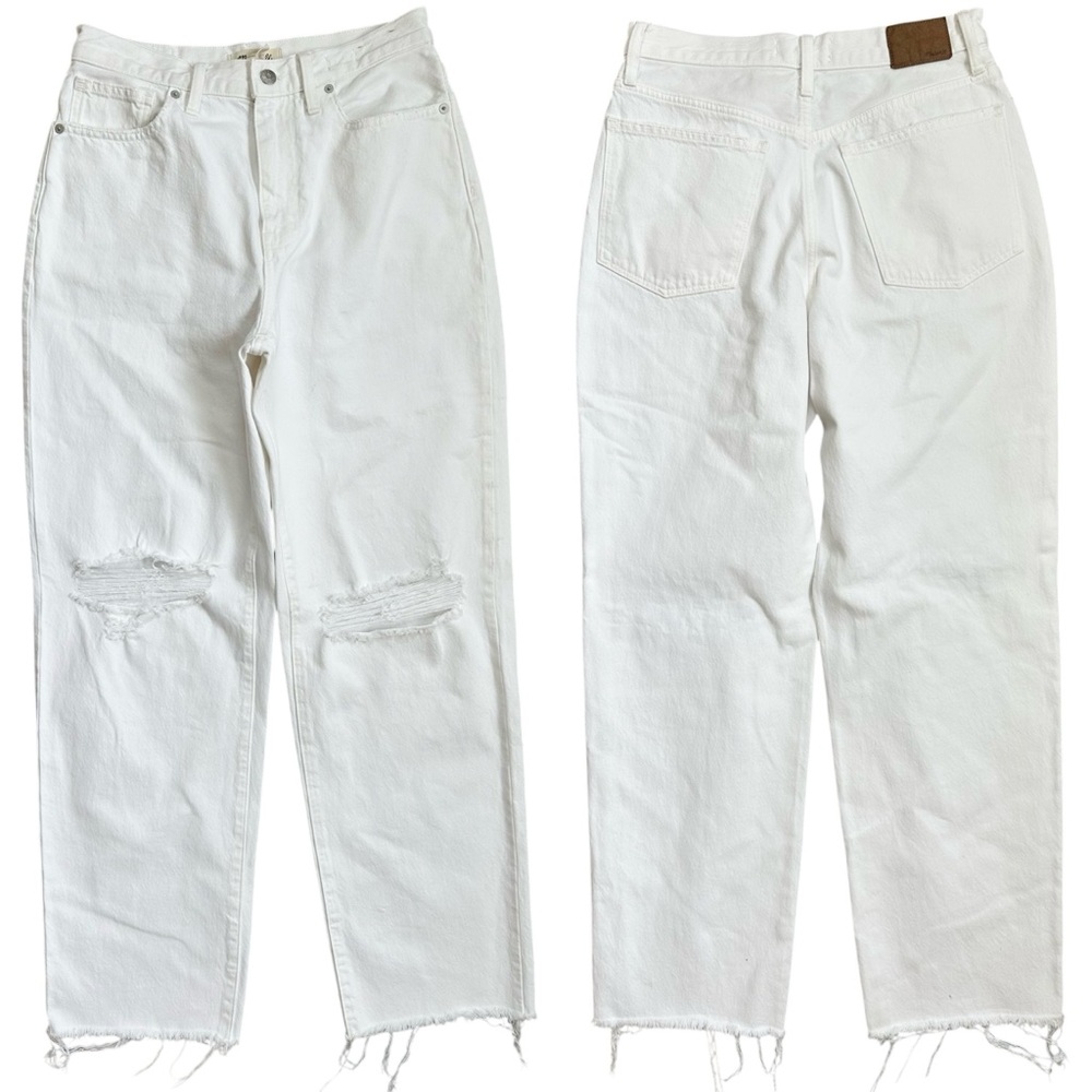 Madewell White Denim High Rise Raw Hem Ripped Baggy Straight Jeans Size 28